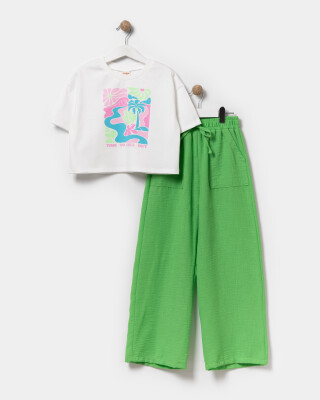 Toptan Kız Çocuk 2'li Tişört ve Pantolon Takımı 9-12Y Miniloox 1054-24813 Yeşil