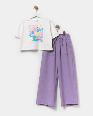 Toptan Kız Çocuk 2'li Tişört ve Pantolon Takımı 9-12Y Miniloox 1054-24813 Lila