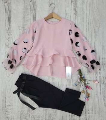 Toptan Kız Çocuk 2'li Valonlu Bluz ve Pantolon 3-7Y Kız Takım Moda Mira 1080-6099 - 5