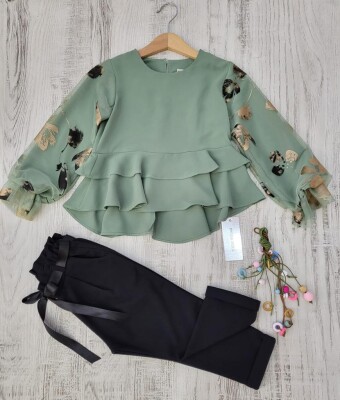 Toptan Kız Çocuk 2'li Valonlu Bluz ve Pantolon 3-7Y Kız Takım Moda Mira 1080-6099 Çağla Yeşili