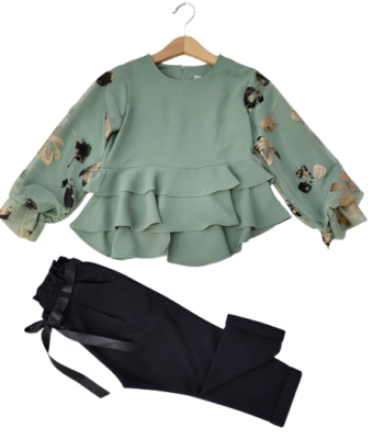 Toptan Kız Çocuk 2'li Volanlı Bluz ve Pantolon Takım 8-12Y Moda Mira 1080-7000 - Moda Mira