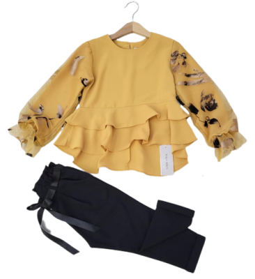 Toptan Kız Çocuk 2'li Volanlı Bluz ve Pantolon Takım 8-12Y Moda Mira 1080-7000 - 2