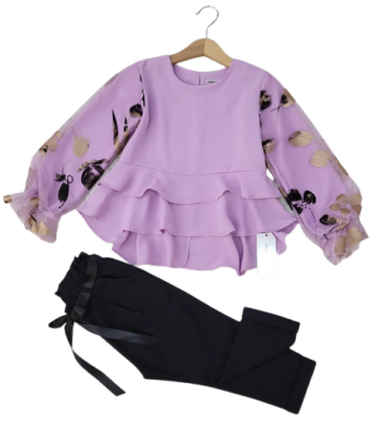 Toptan Kız Çocuk 2'li Volanlı Bluz ve Pantolon Takım 8-12Y Moda Mira 1080-7000 Lila