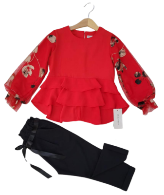Toptan Kız Çocuk 2'li Volanlı Bluz ve Pantolon Takım 8-12Y Moda Mira 1080-7000 Kırmızı