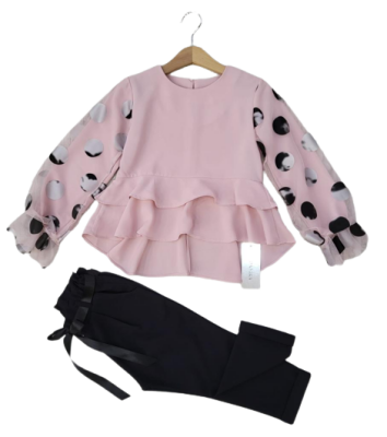 Toptan Kız Çocuk 2'li Volanlı Bluz ve Pantolon Takım 8-12Y Moda Mira 1080-7000 Açık Pembe