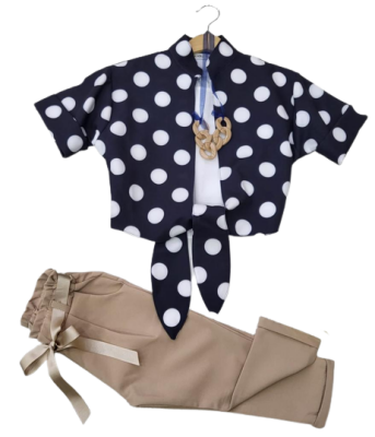 Toptan Kız Çocuk 3'lü Bağlamalı Bolero Bluz ve Pantolon Takım 8-12Y Moda Mira 1080-7068 Açık Lacivert