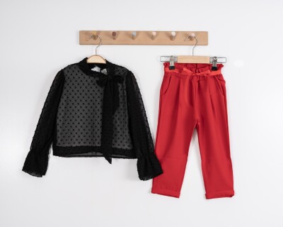 Toptan Kız Çocuk 3'lü Bluz, Tişört ve Pantolon Takımı 3-7Y Moda Mira 1080-7019 Siyah
