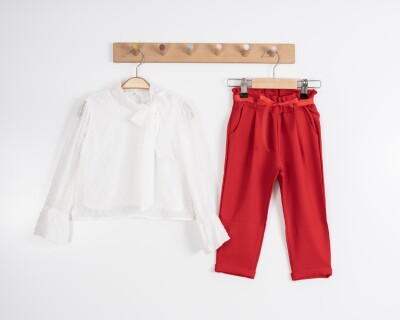 Toptan Kız Çocuk 3'lü Bluz, Tişört ve Pantolon Takımı 3-7Y Moda Mira 1080-7019 Ekru