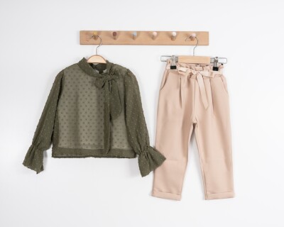 Toptan Kız Çocuk 3'lü Bluz, Tişört ve Pantolon Takımı 8-12Y Moda Mira 1080-7020 Haki