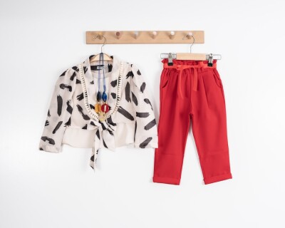 Toptan Kız Çocuk 3'lü Bolero Blouse ve Pants 8-12Y Moda Mira 1080-7109 Kırmızı