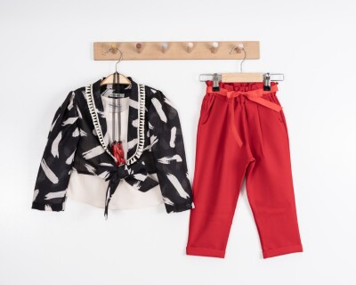 Toptan Kız Çocuk 3'lü Bolero Blouse ve Pants 8-12Y Moda Mira 1080-7109 Koyu Kırmızı
