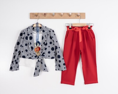 Toptan Kız Çocuk 3'lü Bolero Bluz ve Pantolon Takım 3-7Y Moda Mira 1080-7074 Kırmızı