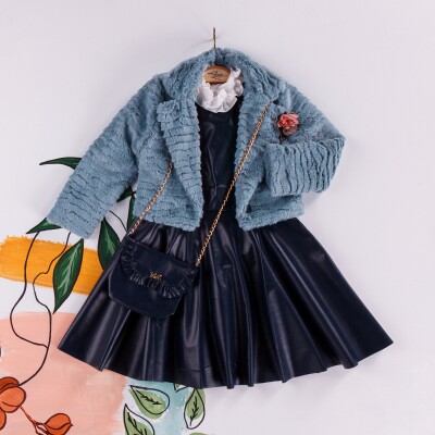Toptan Kız Çocuk 3'lü Çantalı Ceket, Gömlek ve Elbise Takımı 2-6Y Miss Lore 1055-5219 Mavi