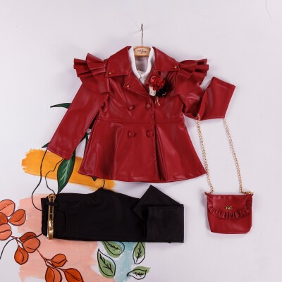 Toptan Kız Çocuk 3'lü Çantalı Ceket, Gömlek ve Pantolon Takım 2-6Y Miss Lore 1055-5200 Kırmızı