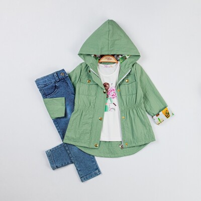 Toptan Kız Çocuk 3'lü Ceket Badi ve Kot Pantolon Takımı 2-6Y Miss Lore 1055-5509 Yeşil