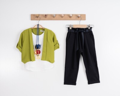 Toptan Kız Çocuk 3'lü Ceket Bluz ve Pantolon Takım 3-7Y Moda Mira 1080-7047 - 3