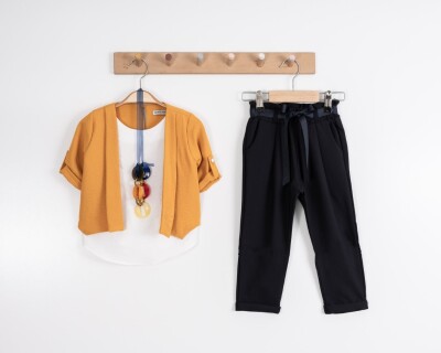 Toptan Kız Çocuk 3'lü Ceket Bluz ve Pantolon Takım 3-7Y Moda Mira 1080-7047 Bal Köpüğü