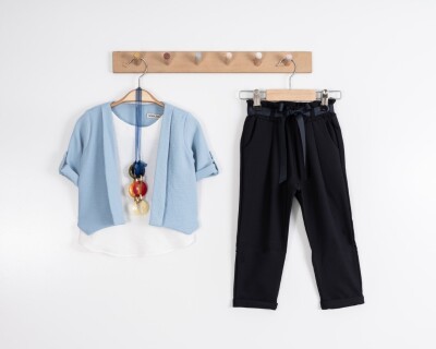 Toptan Kız Çocuk 3'lü Ceket Bluz ve Pantolon Takım 3-7Y Moda Mira 1080-7047 Mavi