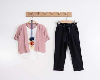 Toptan Kız Çocuk 3'lü Ceket Bluz ve Pantolon Takım 8-12Y 7048 Moda Mira 1080-7048 Pudra