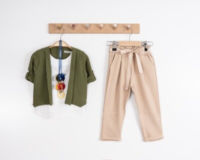 Toptan Kız Çocuk 3'lü Ceket Bluz ve Pantolon Takım 8-12Y 7048 Moda Mira 1080-7048 Haki