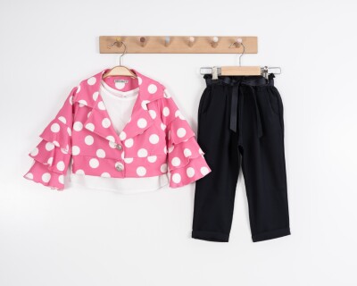 Toptan Kız Çocuk 3'lü Ceket, Bluz ve Pantolon Takımı 3-7Y Moda Mira 1080-7122 Fuşya