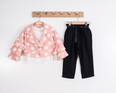 Toptan Kız Çocuk 3'lü Ceket, Bluz ve Pantolon Takımı 3-7Y Moda Mira 1080-7122 Açık Pembe