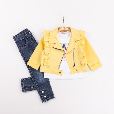 Toptan Kız Çocuk 3'lü Ceket, Tişört ve Kot Pantolon Takım 2-6Y Miss Lore 1055-5604 Sarı