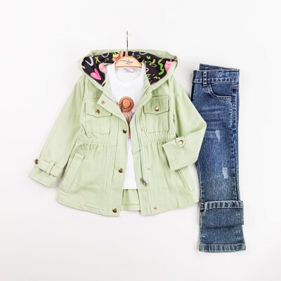 Toptan Kız Çocuk 3'lü Ceket, Tişört ve Pantolon Takım 2-6Y Miss Lore 1055-5602 Yeşil