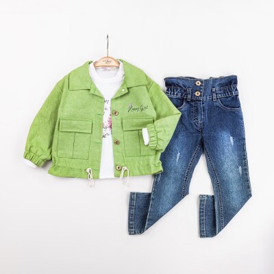 Toptan Kız Çocuk 3'lü Ceket, Tişört ve Pantolon Takım 2-6Y Miss Lore 1055-5624 Yeşil