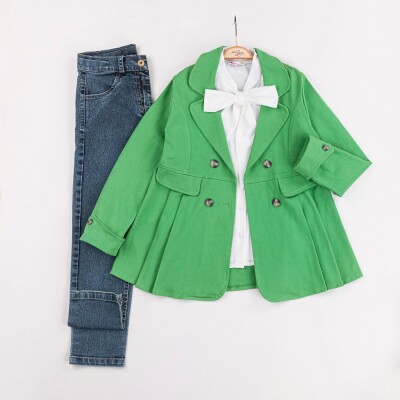 Toptan Kız Çocuk 3'lü Ceket, Tişört ve Pantolon Takım 6-10Y Miss Lore 1055-5615 Yeşil