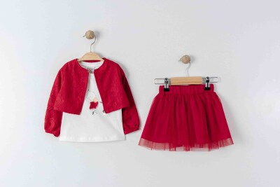 Toptan Kız Çocuk 3'lü Ceket, Tshört ve Etek Takım 1-4Y Eray Kids 1044-13308 Kırmızı