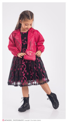 Toptan Kız Çocuk 3'lü Elbise, Ceket ve Çanta Takımı 6-12Y Tivido 1042-2541 - Tivido (1)