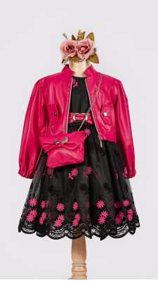 Toptan Kız Çocuk 3'lü Elbise, Ceket ve Çanta Takımı 6-12Y Tivido 1042-2543 Fuşya