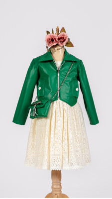 Toptan Kız Çocuk 3'lü Elbise, Ceket ve Çanta Takımı 6-12Y Tivido 1042-2546 Yeşil
