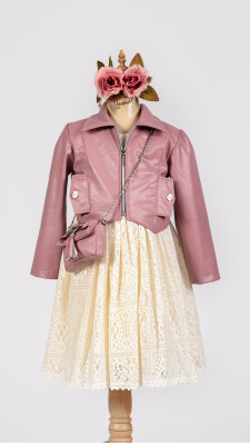 Toptan Kız Çocuk 3'lü Elbise, Ceket ve Çanta Takımı 6-12Y Tivido 1042-2546 Pudra