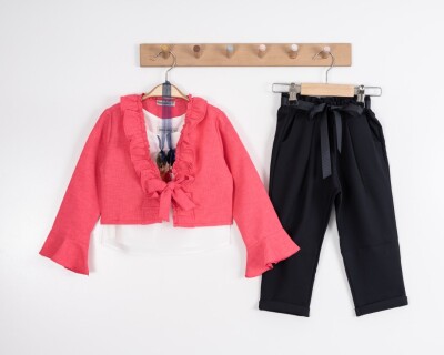 Toptan Kız Çocuk 3'lü Fırfırlı Bolero Pantolon ve Bluz Takım 3-7Y Moda Mira 1080-7100 - Moda Mira (1)