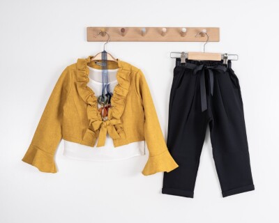 Toptan Kız Çocuk 3'lü Fırfırlı Bolero Pantolon ve Bluz Takım 3-7Y Moda Mira 1080-7100 Bal Köpüğü