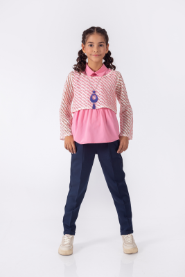Toptan Kız Çocuk 3'lü Gömlek, Crop Body ve Pantolon Takım 12-15Y Pafim 2041-Y23-3218 Pembe