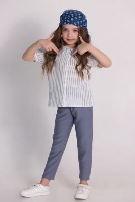 Toptan Kız Çocuk 3'lü Gömlek, Pantolon ve Bandana Takımı 4-9Y Boys&Girls 1081-0221 Mavi