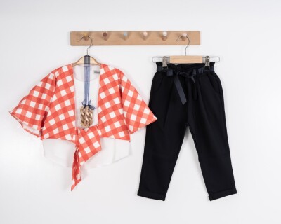 Toptan Kız Çocuk 3'lü Kareli Bolero Bluz ve Pantolon Takım 3-7Y Moda Mira 1080-7051 Turuncu
