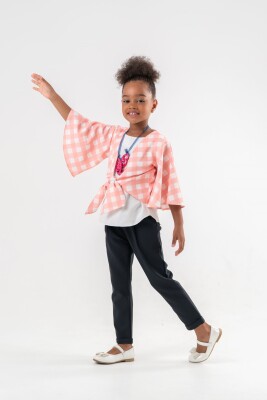 Toptan Kız Çocuk 3'lü Kareli Bolero Bluz ve Pantolon Takım 3-7Y Moda Mira 1080-7051 - Moda Mira
