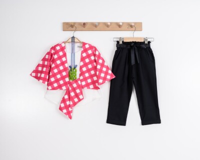 Toptan Kız Çocuk 3'lü Kareli Bolero Bluz ve Pantolon Takım 8-12Y Moda Mira 1080-7052 Fuşya