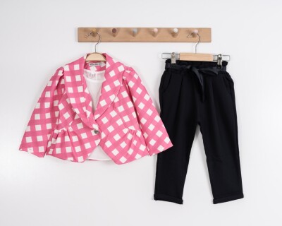 Toptan Kız Çocuk 3'lü Kareli Ceket Bluz ve Pantolon Takım 3-7Y Moda Mira 1080-7082 - 2