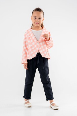 Toptan Kız Çocuk 3'lü Kareli Ceket Bluz ve Pantolon Takım 3-7Y Moda Mira 1080-7082 - 1