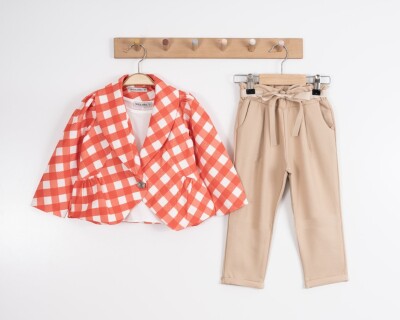 Toptan Kız Çocuk 3'lü Kareli Ceket Bluz ve Pantolon Takım 8-12Y Moda Mira 1080-7083 Bej
