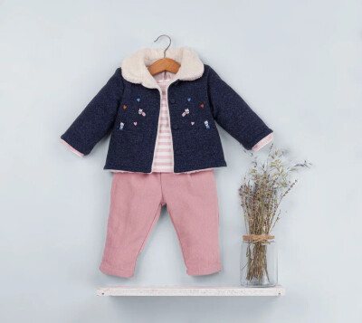 Toptan Kız Çocuk 3'lü Kot Ceket Pantolon ve Body Takım 9-4M BabyRose 1002-4600 - BabyRose