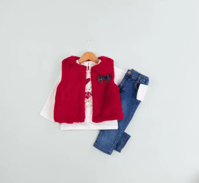 Toptan Kız Çocuk 3'lü Kot Pantolon Peluş Yelek ve Sweat Takım 9-24M BabyRose 1002-4700 Kırmızı