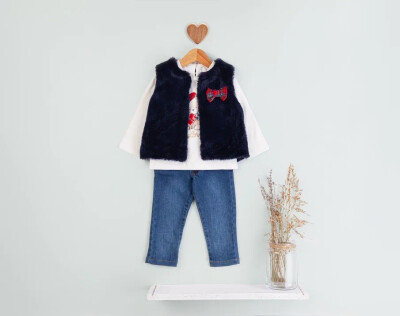 Toptan Kız Çocuk 3'lü Kot Pantolon Peluş Yelek ve Sweat Takım 9-24M BabyRose 1002-4700 - BabyRose