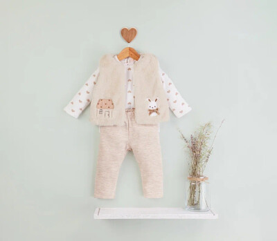 Toptan Kız Çocuk 3'lü Peluş Yelekli Taytlı Takım 6-18M BabyRose 1002-4618 - BabyRose