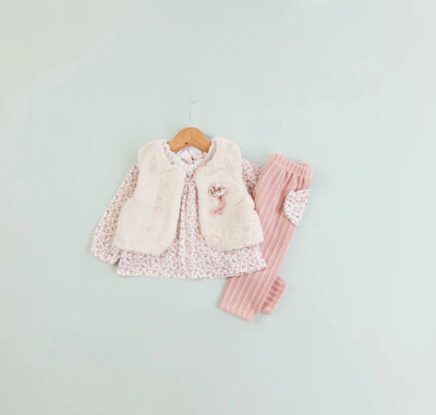 Toptan Kız Çocuk 3'lü Peluş Yelekli Triko Taytlı Takım 6-18M BabyRose 1002-4697 - BabyRose